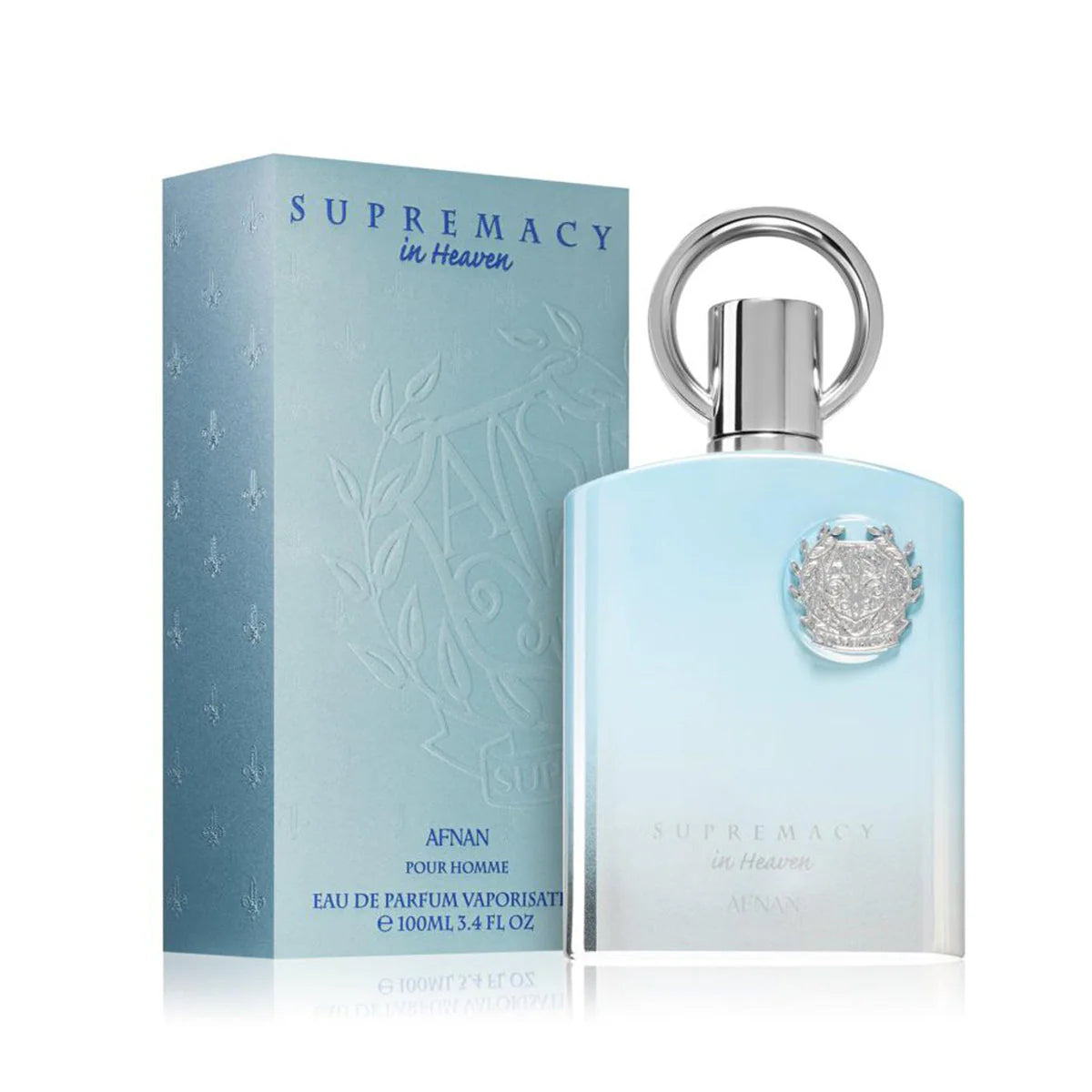 Supremacy in Heaven perfume bottle and packaging on a white background supremacy in heaven afnan eau de parfum for men bottle 100ml